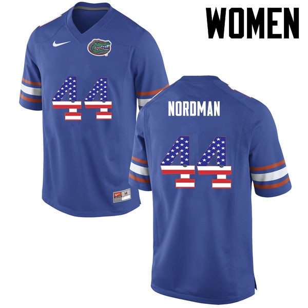 Women Florida Gators #44 Tucker Nordman College Football USA Flag Fashion Jerseys-Blue - Click Image to Close